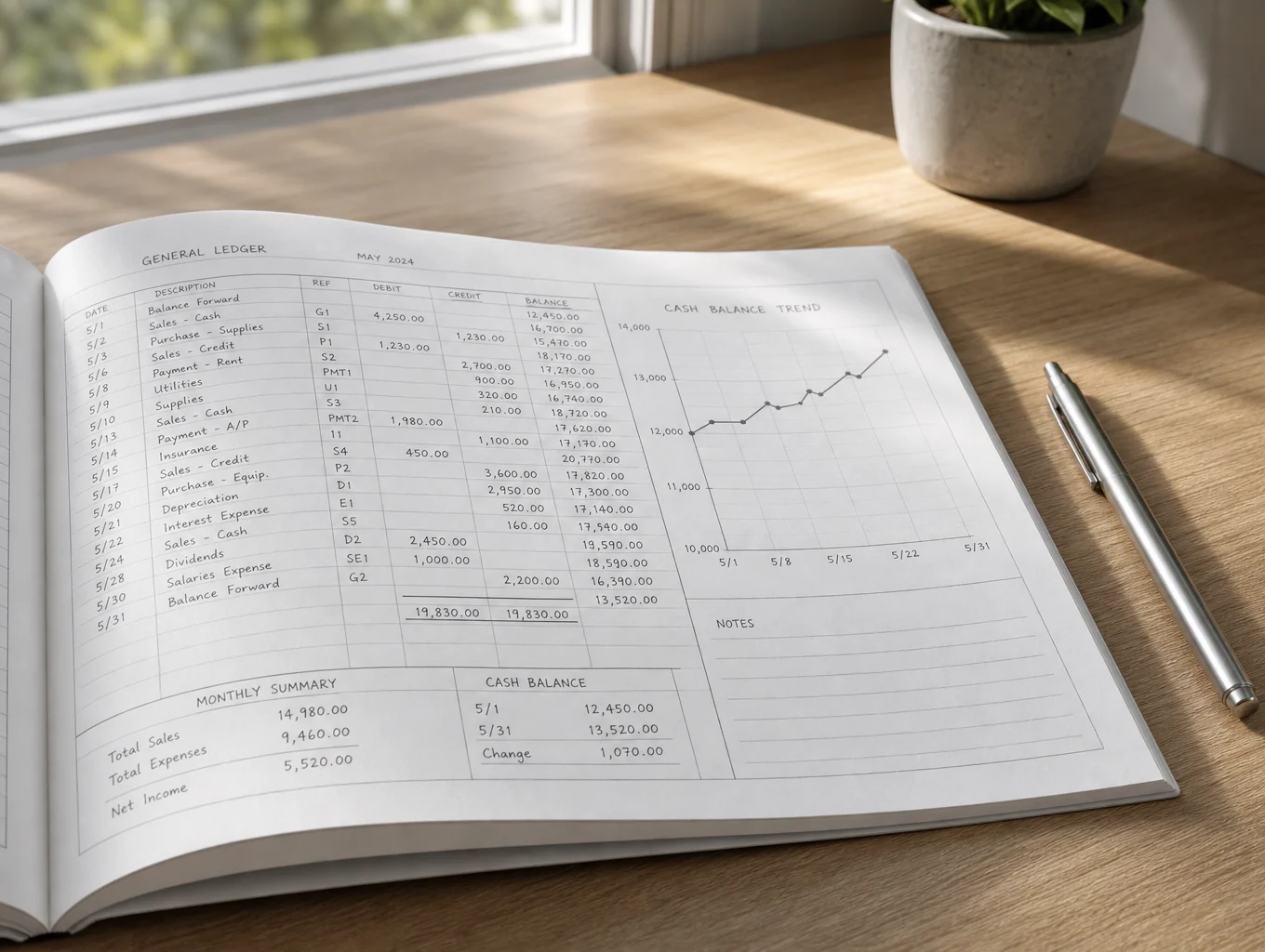 Close up of a professional ledger on a dark wood desk with soft morning light